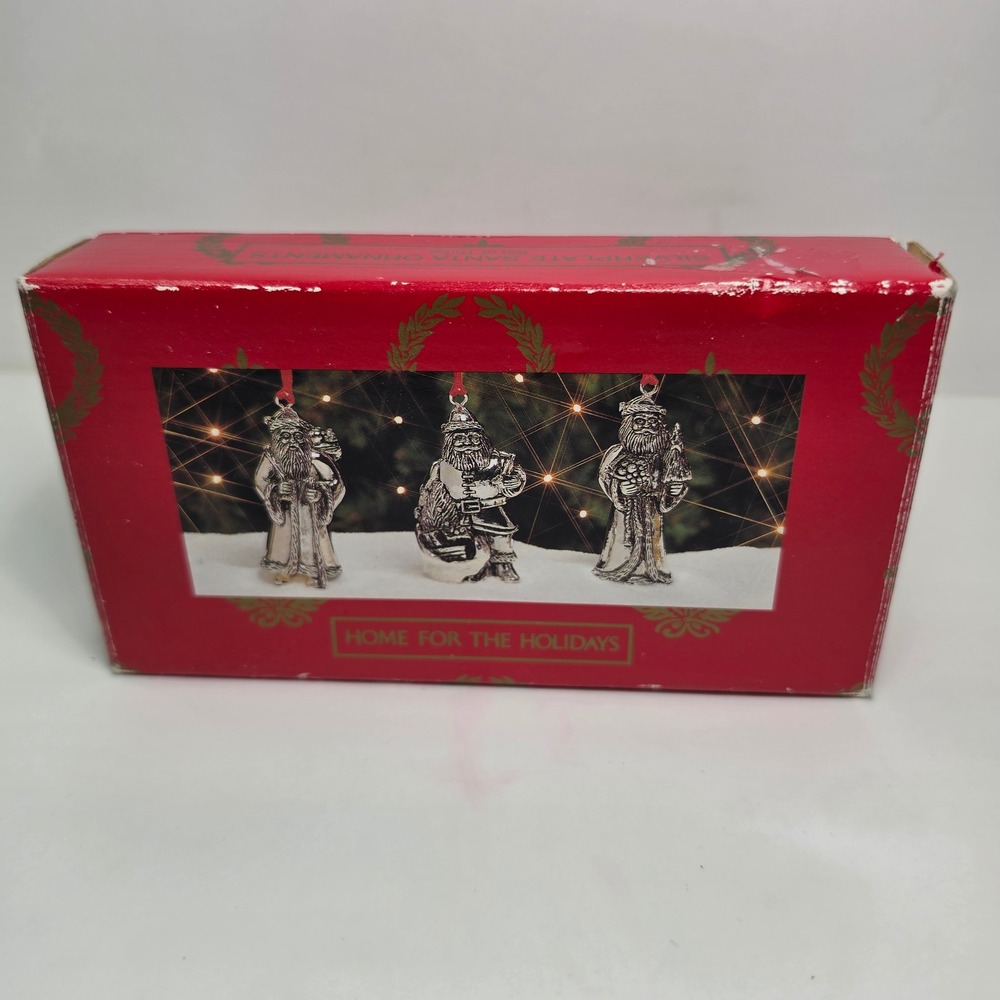 Vintage 1994 Home For The Holidays Silverplate Santa Ornaments Set 3 May Co Box